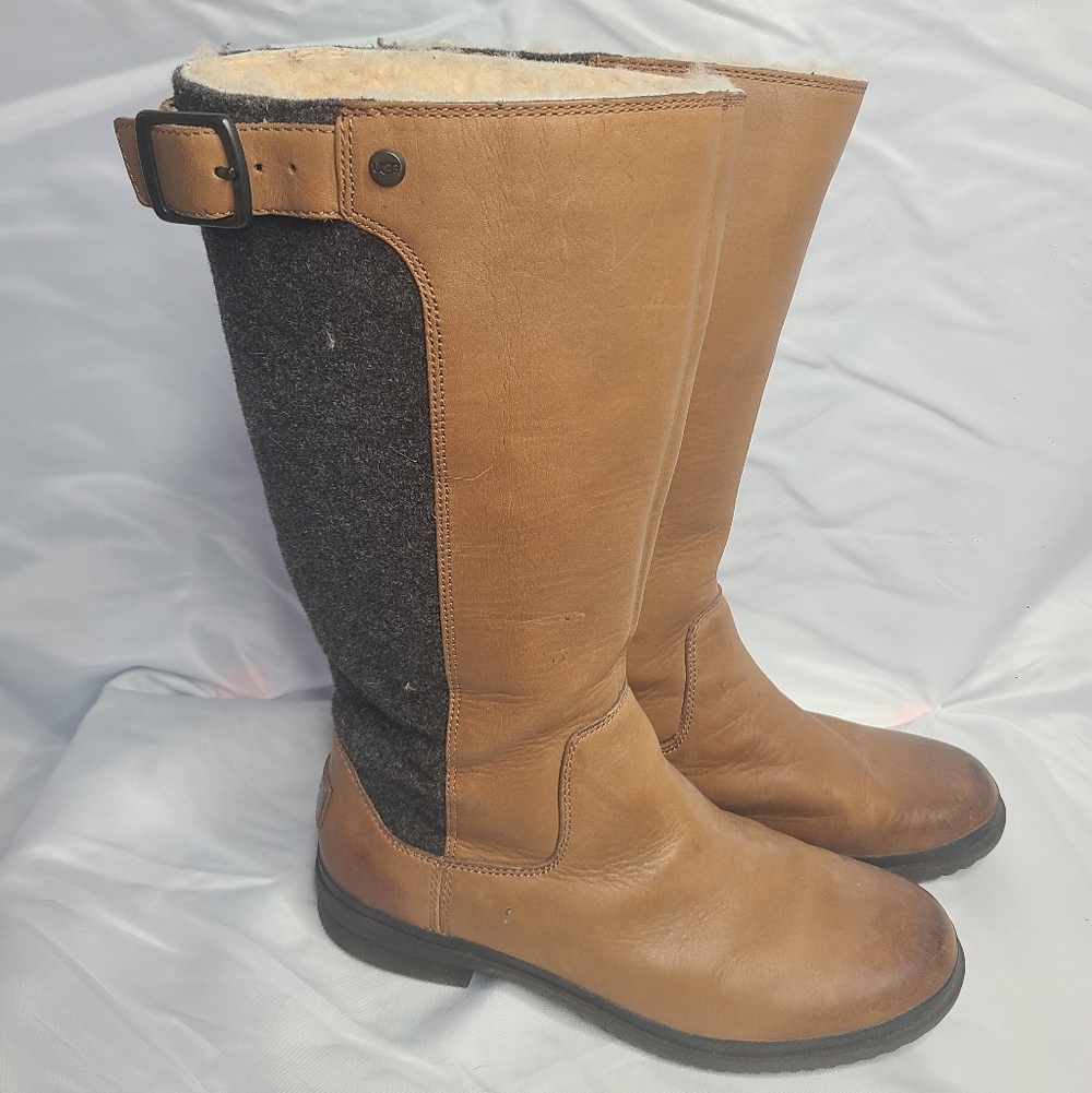 UGG Leather Tall Riding Boots Wool Lined Brown Size 8